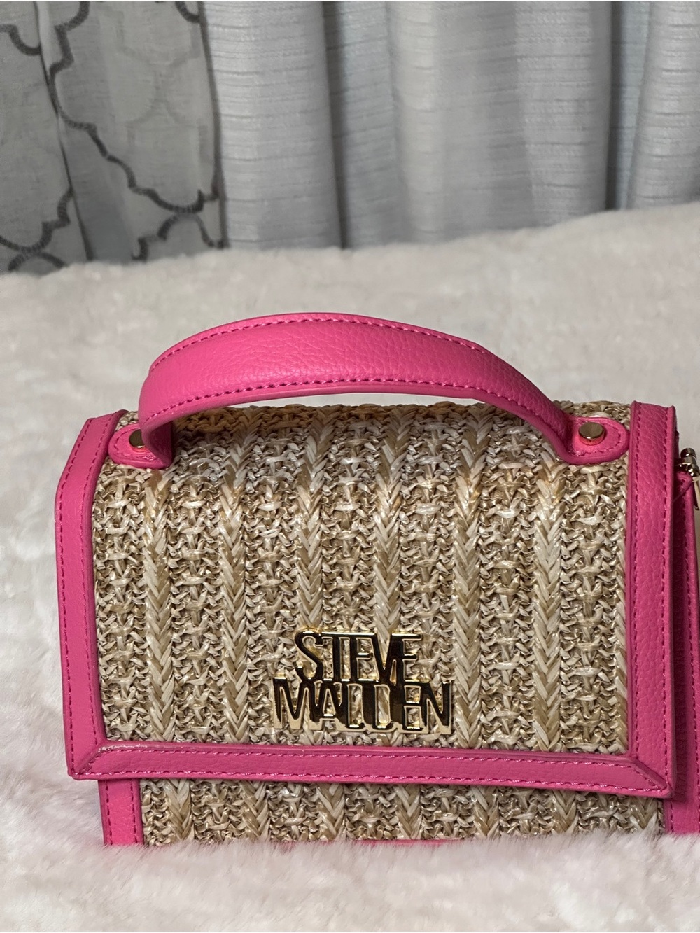 Steve Madden Natural Woven Mini Satchel with Hot Pink Trim